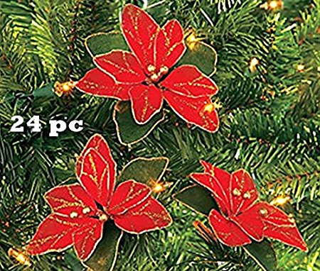 Red Glitter Poinsettia Christmas Tree Ornaments ( 2 DOZEN PER ORDER)