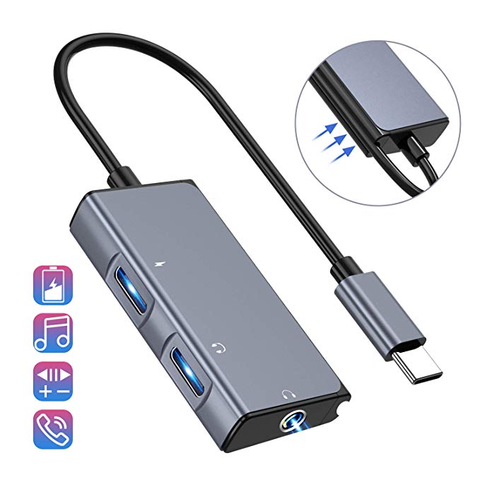 USB C to Headphone Jack Adapter, 3 in 1 USB-C to 3.5mm with USB Type C Female Audio Port   PD Power Port, Built-in DAC Technology Ensure Stable for Transfer Music in （2019 Updated）