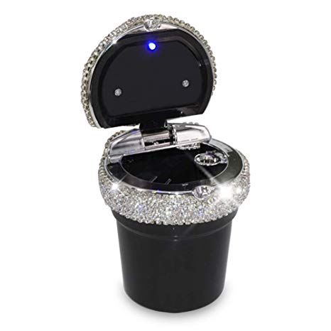 eing Car Cigarette Ashtray with Blue LED Light Indicator Portable Bling Smokeless Cylinder Cup Holder for Most Vehicles,Black
