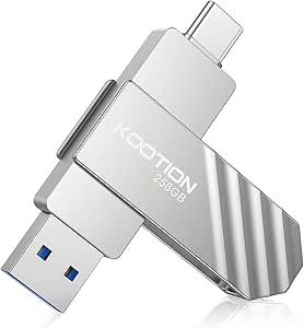 KOOTION 256GB USB 3.2 Solid State Flash Drive Metal Type C USB Drive Up to 450MB/s Dual USB C Flash Drive Swivel Thumb Drive Pen Drive Memory Stick for iPhone15, Silver