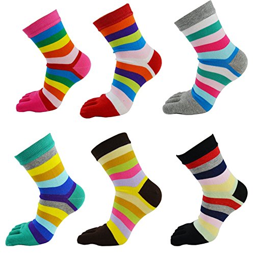 Women Wicking Five Toes Finger Socks Cotton Crew Athletic Cute Striped 6 Pack