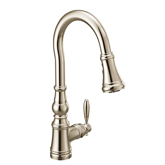 Moen S73004NL Weymouth Shepherd's Hook Pulldown Kitchen Faucet Featuring Metal Wand with Power Boost, Polished Nickel