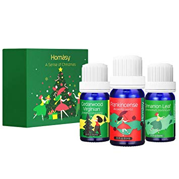 Homasy 100% Pure Essential Oils Christmas Limited-Edition Gift Set, Top 3 Aromatherapy Premium Therapeutic Grade Oils Kit (Cedarwood Virginian, Frankincense, Cinnamon Leaf)- 10ml/Bottle