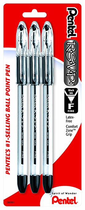 Pentel R.S.V.P. Ballpoint Pen, Fine Line, Black Ink, 3 Pack  (BK90BP3A)