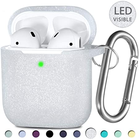 Hamile Compatible with AirPods Case [Front LED Visible] Soft Silicone Protective Cases Cover Skin Designed for Apple AirPod 2 & 1, Women Men, with Keychain - Glitter White