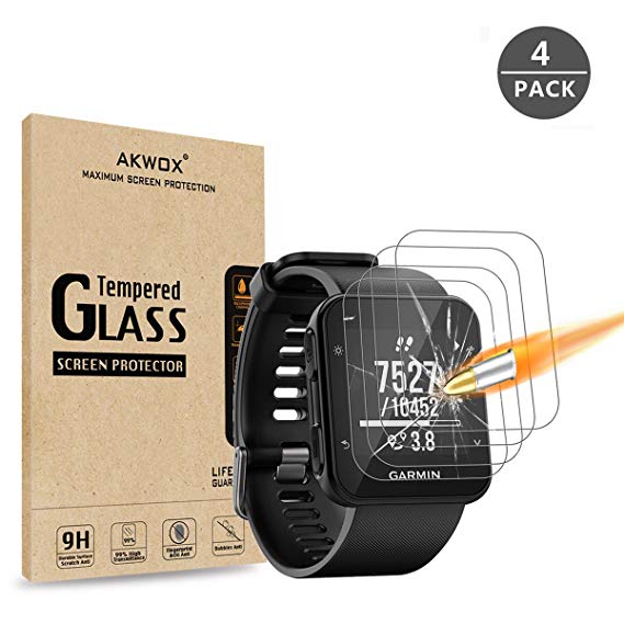 (Pack of 4) Tempered Glass Screen Protector for Garmin Forerunner 35, Akwox [0.3mm 2.5D High Definition 9H] Premium Clear Screen Protective Film for Garmin Forerunner 35