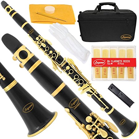 Lazarro 160-BK-L B-Flat Bb Clarinet Black-Gold Keys with Case, 11 Reeds, Care Kit and Many Extras