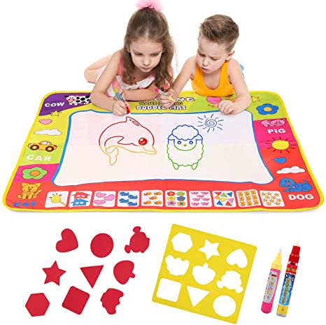 NEWSTYLE Water Doodle Mat, Water Drawing Painting Mat Colouring Drawing Game with Magic Pens, Mould and Carrying Bag for Kids - Educational Toy for Boys Girls (Small)