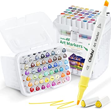 Ohuhu 96 Pack Alcohol Markers Art Marker Set for Drawing Coloring Sketch Illustration Chisel Fine Dual Tip Alcohol Based Color Pens: 2 Boxes of 48 Markers with 2 Black Markers and 2 Blender