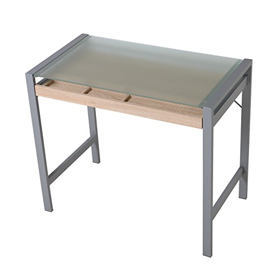 HomCom Modern Wood Steel Frosted Glass Computer Desk Writing Table w/ Drawer