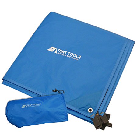 Tent Tools Rain Tarp - Premium Camping Tarp - Blue or Gray Tarp Only or Gray Kit with Optional Reflective Guyline & Ultra Lightweight Tent Stakes
