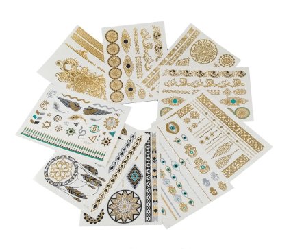 Yueton 9 Sheets of Metallic Gold, Silver and Multi-color Temporary Flash Tattoos - Disposable Removable Waterproof Temporary Tattoos Body Art Sticker for Teens Men Women Adult Girls