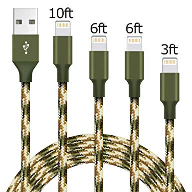 Compatible Charger Cable - XUZOU 4Pack 3FT 2x6FT 10FT to USB Syncing Data Nylon Braided Cord Charger Replacement Compatible Phone X/8 Plus/8/7/7 Plus/6/6 Plus/6s/6s Plus/5/5s/5c/SE-Camo Green
