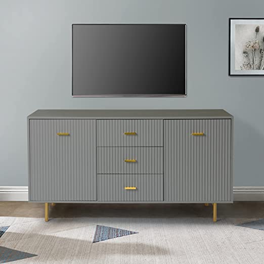 HULALA HOME 58" Mid-Century Modern Sideboard Buffet Table, Mid-Century Modern Wood Kitchen Buffet Sideboard Entryway Serving Storage Cabinet Doors Dining Room Console, Grey