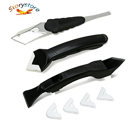 Caulking Tool Kit, 3 in 1 Caulk Tool Silicone Sealant Replace & Removal Tool with 4 Replaceable Pads and Silicone Scraper Tool Set for Bathroom Kitchen Room (black)