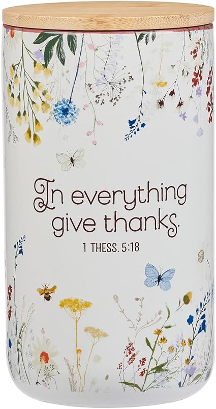 Christian Art Gifts Keepsake Count Your Blessings Ceramic Gratitude Jar Set w/Bamboo Lid: In Everything Give Thanks - 365 Bible Verse Note Cards, Multicolor Flowers & Butterflies, White/Purple Floral