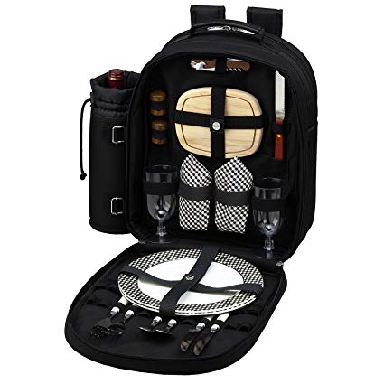 Picnic at Ascot - Deluxe Equipped 2 Person Picnic Backpack with Cooler & Insulated Wine Holder - Black