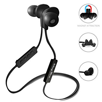 Kingyou Sport Bluetooth Headphones Snapshot Magnet Flat Tangle Free Sweatproof Wireless in-ear Earbuds for iPhone/iPad/Android/Tablet BT001(Black)