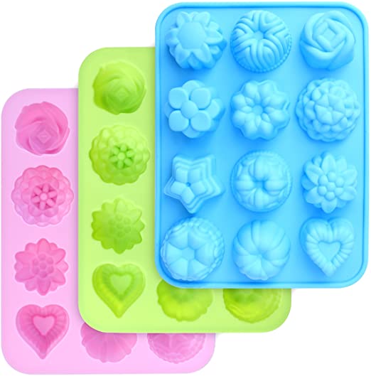 homEdge Food Grade Silicone Flowers Molds, Baking Pan with Flowers and Heart Shape Non-Stick FDA Approved 3-Pack Silicone Molds for Chocolate, Candy, Jelly, Ice Cube, Muffin (Pink, Blue and Green)