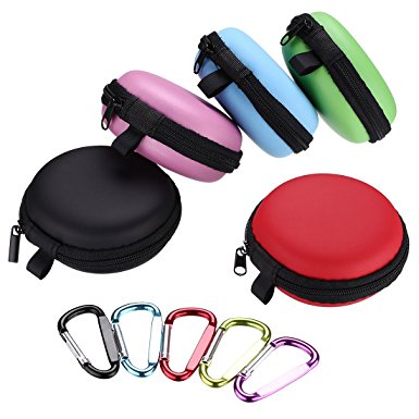 Meuxan 5-Pack Earbud Case Storage Pouch with Carabiner for Earphone Headphone USB Cable Flash Drive, 5 Colors