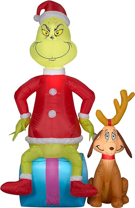 Gemmy Christmas Airblown Inflatable Grinch w/Max Scene Dr. Seuss, 5 ft Tall, red