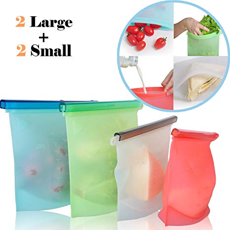 Reusable Silicone Food Bag, Silicone Sandwich bags, Reusable Sous Vide Bags for Lunch, Snack, Vegetable, Meat, Airtight and Microwave Freezer Dishwasher Safe |2 Large 2 Small Set of 4