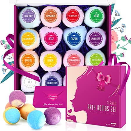 Peradix Bath Bombs 16Pcs Gift Set For Mothers Days, Handmade Natural Spa Bubble Bombs and Floating Fizzies, Relaxation and Moisturizing Bath Gift Pack For Women, Mom, Kids - Non-Irritating/Natural