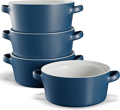 KooK Soup Crocks, Ceramic Stackable Bowls, Broil, Oven, Microwave and Dishwasher Safe, with Handles, For Casserole, Pasta, Cereal, 23.6 oz, Set of 4 (Matte Blue)