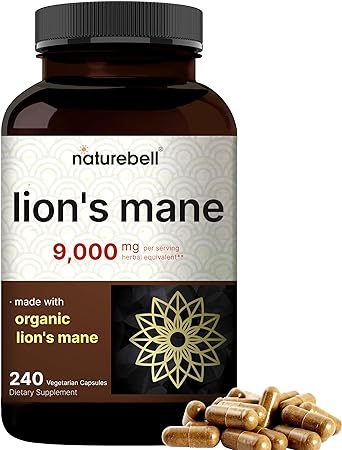 NatureBell Lions Mane Supplement 9,000mg Per Serving, 240 Veggie Capsules | Made with Organic Lion’s Mane Powder Extract – Cognitive Brain Nootropic & Immune Health Mushroom – Non-GMO