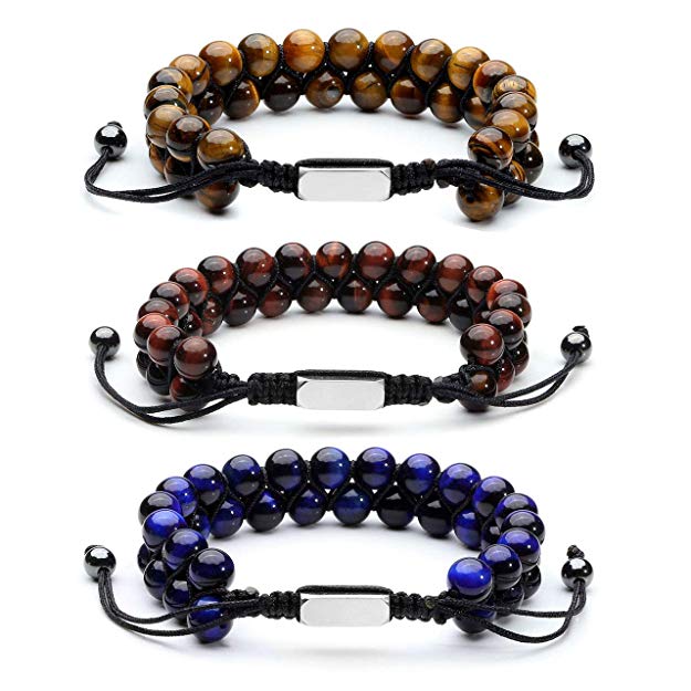 Jovivi Personalized Custom Name Natural Lava Rock Tiger Eye Gemstone Beads Double Layer Wrap Bracelets Adjustable Braided Stainless Steel Cuboid ID