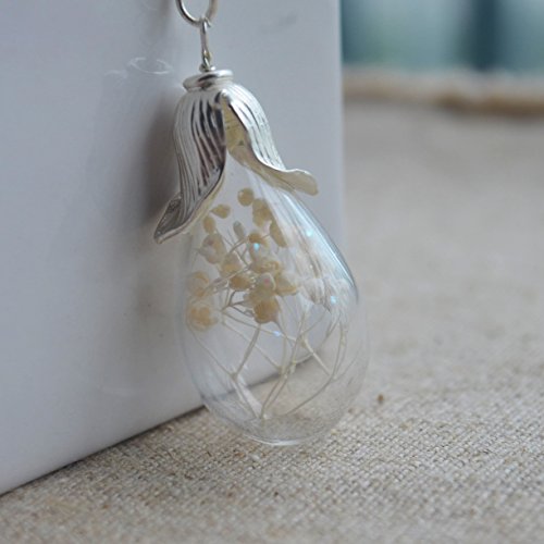 White Babysbreath Real Flower In Glass Water Drop Copper Long Necklace 26" Length