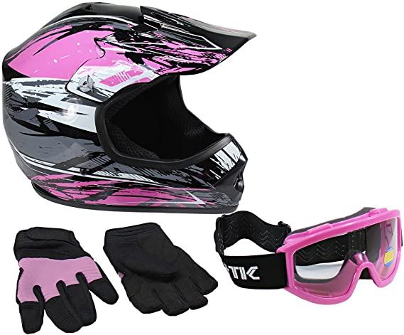 Lunatic, KIT-L2006P-14, Youth MX/ATV Helmet, Goggles & Gloves - DOT Approved - Boys Girls Kids - Pink, M