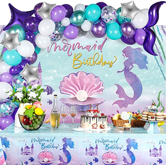 Mermaid Party Decorations Mermaid Birthday Party Supplies Mermaid Happy Birthday Decorations Set for Girls Mermaid Photo Booth Decoration, Backdrop, Mermaid Balloon Garland Kit, Tablecloth, 121 Pieces