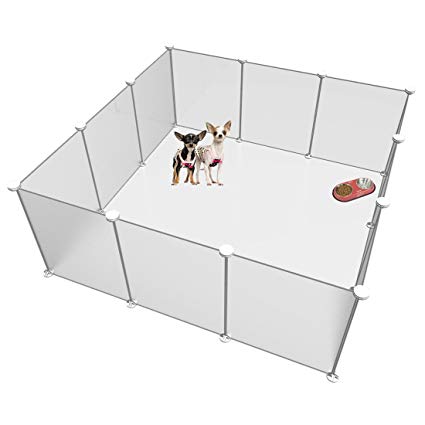 LANGXUN Free Adjustable Size Height DIY Pet Playpen - Plastic Yard Fence Small Animals - DIY Closet Organization System, Plastic Wire Storage Cubes Organizer - Frosted White 12 Panels