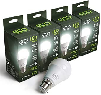 4 x ECO DIMMABLE 2 Pin B22 Bayonet Light Bulb, 12W Dimmable LED Energy Saving Light Bulbs, 75W Equivalent, Frosted, Cool White (6500K), 15000Hrs (Cool White 6500K, 4 x LED Bulb Multipack)