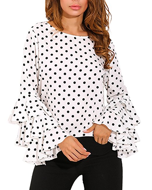 ZANZEA Women's Blouse Polka Dot Ruffle Flounce Long Sleeve Round Neck Elegant Tee Tops