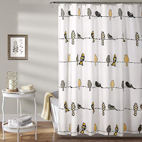 Lush Decor Rowley Birds Shower Curtain, 72" X 72", Yellow & Gray