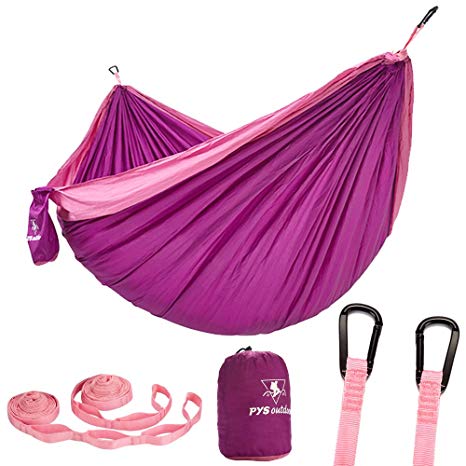 pys Double Portable Camping Hammock with Straps Outdoor -Nylon Parachute Hammock with Tree Straps Set with Max 1200 lbs Breaking Capacity, for Backpacking, Hiking, Travel (Red Lilac Pink)