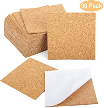 Blisstime 30 Pcs Self-Adhesive Cork Sheets 4"x 4" for DIY Coasters, Cork Board Squares, Cork Tiles, Cork Mat, Mini Wall Cork Board with Strong Adhesive-Backed