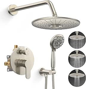 SR SUN RISE Shower Faucet - 3 Function High Pressure 10 Inch Shower Head System- 6 Setting Handheld Shower Head Fixtures- Valve Included - Brushed Nickel