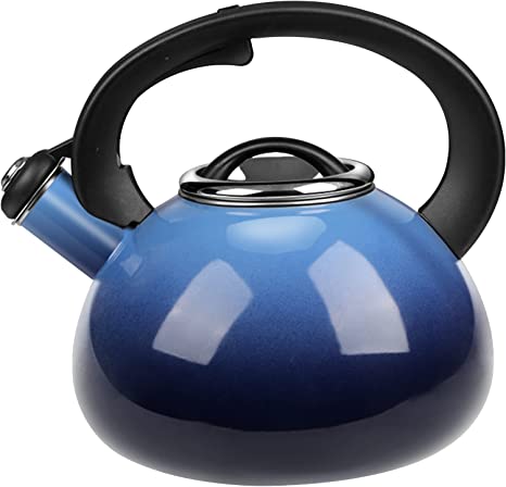 Enamel-on-Steel Tea Kettle Stovetop,2.3 Quart Whistling Tea Kettle with Anti-Hot Folding Handle for All Heat Sources (Blue)