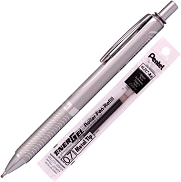 Pentel Energel Alloy RT Gel Pen Medium Point Metal Tip Ballpoint Pen Black ink   Refill (Silver Body)