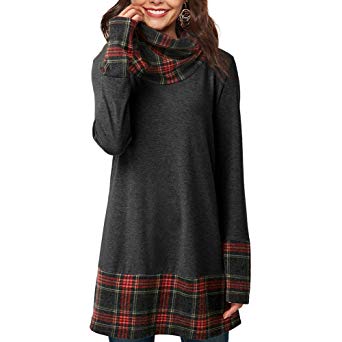 HUHHRRY Womens Long Sleeve Cowl Neck Tunic Tops Casual Plaid Sweatshirts Pullover