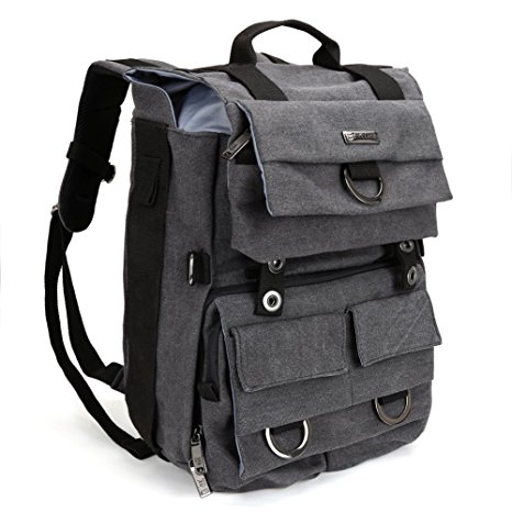 Evecase DSLR Camera Backpack w/ 14" Laptop Compartment and Rain Cover for Digital SLR Interchangeable Lens, Full Frame, 4/3 Micro Four Third, Mirrorless Camera - Canvas Gray