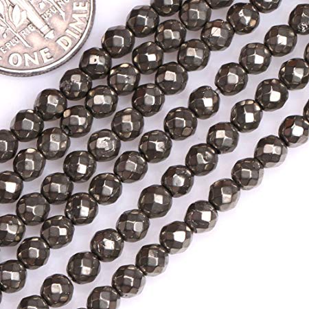 GEM-inside Pyrite Gemstone Loose Beads Natural Energy Power Beads For Jewelry Making 4mm Faceted Round Silver Gray 15 Inches