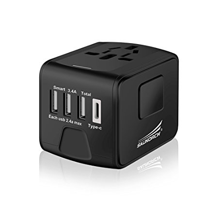 SAUNORCH Universal Travel Adapter,International Power Adapter W/High Speed 2.4A USB 3.0A Type-C Wall Charger, European Plug Adapter, Worldwide AC Outlet Electrical Adapters for Europe travel, Canada, UK, US, AU, Asia-Black