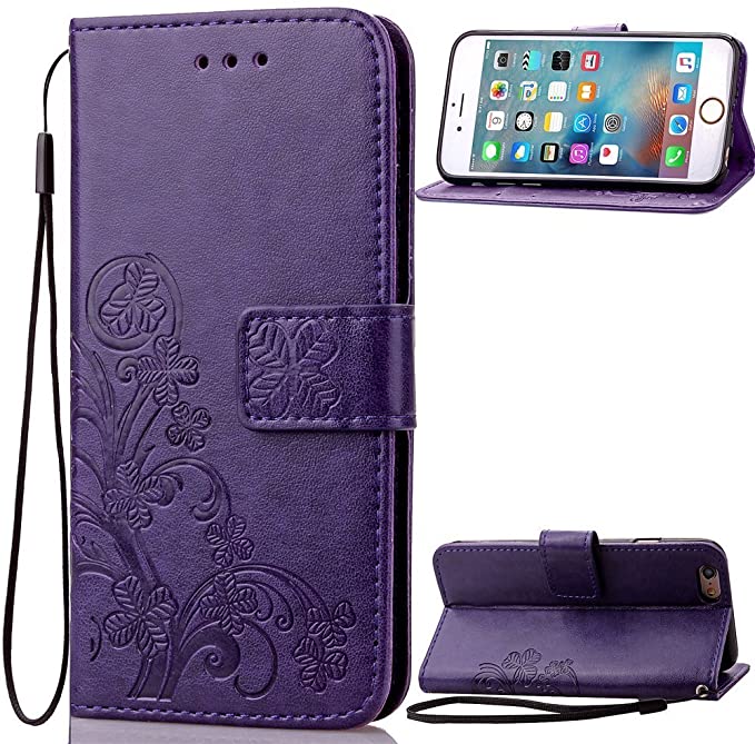 iPhone 6s Beautiful Case, Fashion Four-Leaf Clover Printing Premium PU Leather Wallet Case with Wrist Strap Flip Case Cover for Apple iPhone 6 4.7inch with Touch Screen Stylus Pen (Purple)