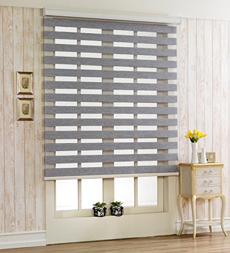 Custom Cut to Size , [Winsharp Woodlook , Grey , W 39 x H 47 (Inch)] Horizontal Window Shade Blind Zebra Dual Roller Blinds & Treatments , Maximum 91 Inch Wide by 103 Inch Long