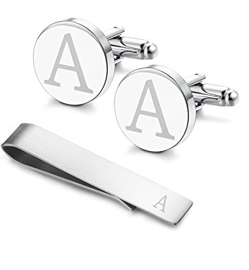 LOYALLOOK Stainless Steel Engraved Initial Cufflinks and Tie Clip Bar Set Alphabet Letter With Gift Box A-Z