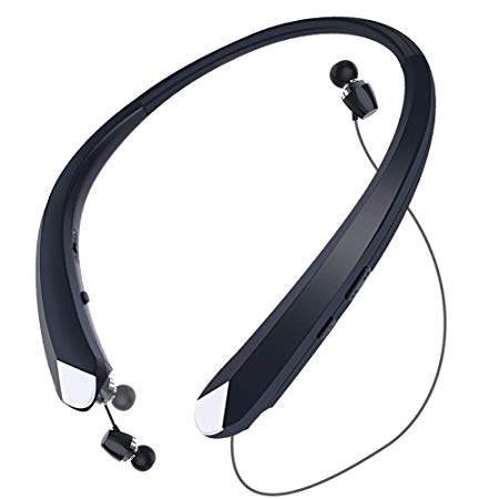 Bluetooth Retractable Headphones, Joyphy Wireless Earbuds Neckband Headset Sports Sweatproof Earphones with Mic (Black)